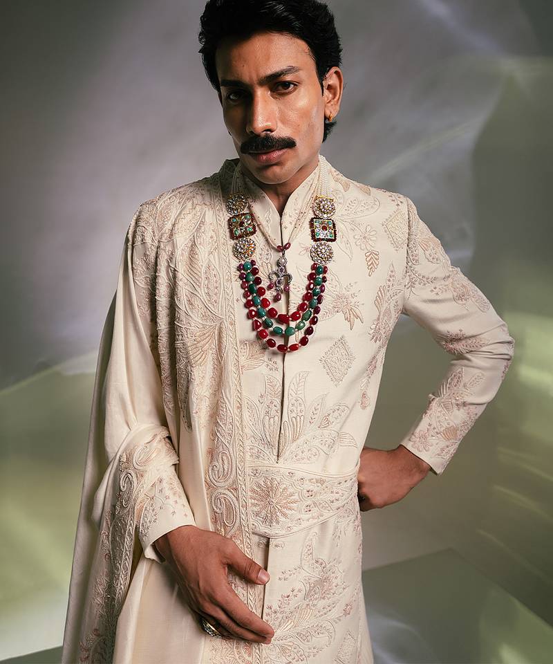 Ivory embroidered silk sherwani set with stole