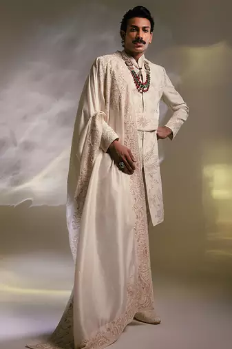 Ivory embroidered silk sherwani set with stole