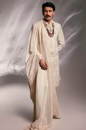 Ivory embroidered silk sherwani set with stole