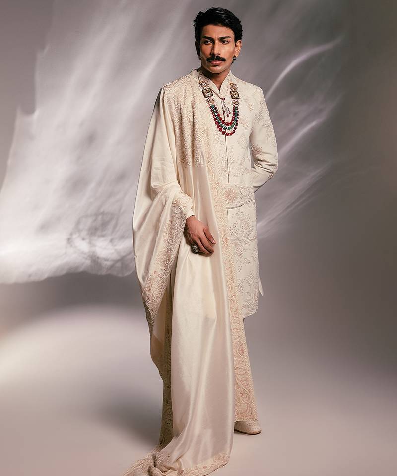 Ivory embroidered silk sherwani set with stole