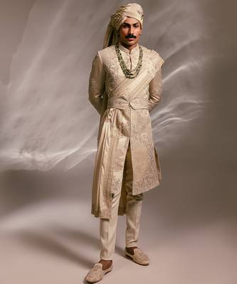 Beige embroidered linen satin sherwani set with stole 1