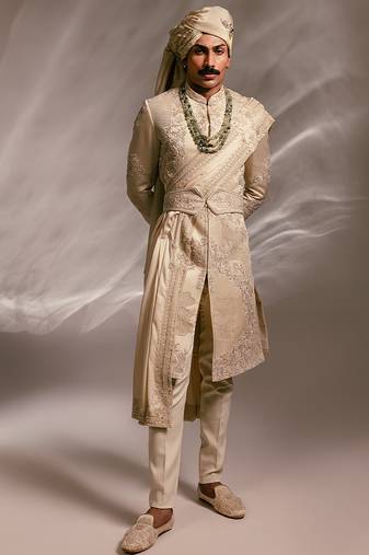 Beige embroidered linen satin sherwani set with stole