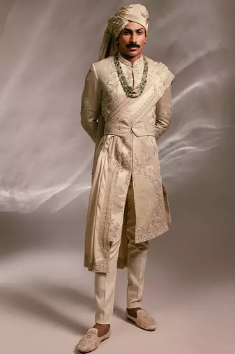 Beige embroidered linen satin sherwani set with stole