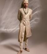 Beige embroidered linen satin sherwani set with stole