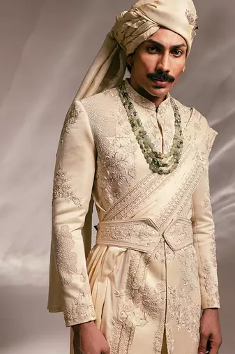 Beige embroidered linen satin sherwani set with stole