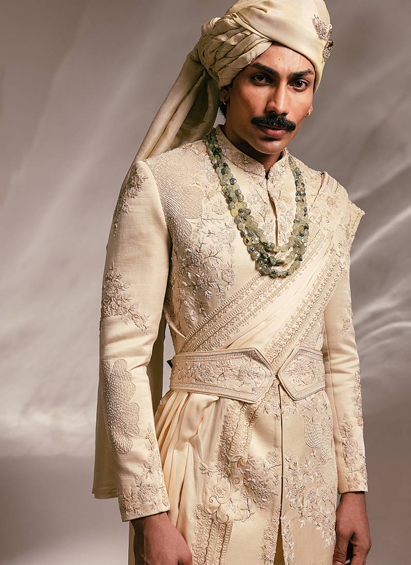 Beige embroidered linen satin sherwani set with stole