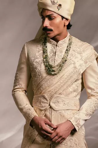 Beige embroidered linen satin sherwani set with stole