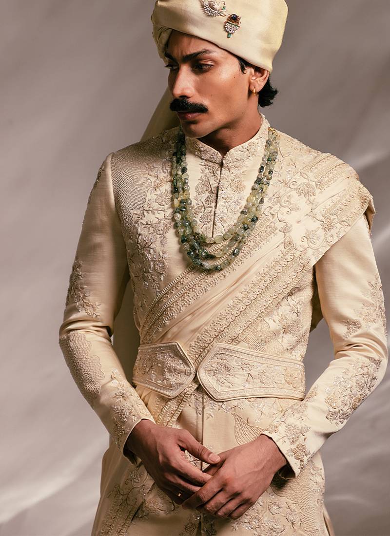 Beige embroidered linen satin sherwani set with stole