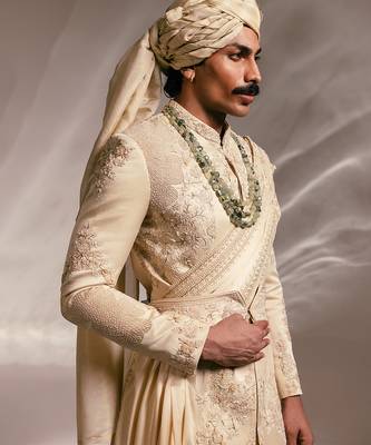 Beige embroidered linen satin sherwani set with stole 4