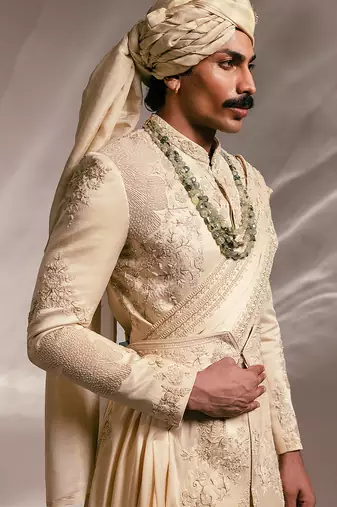 Beige embroidered linen satin sherwani set with stole
