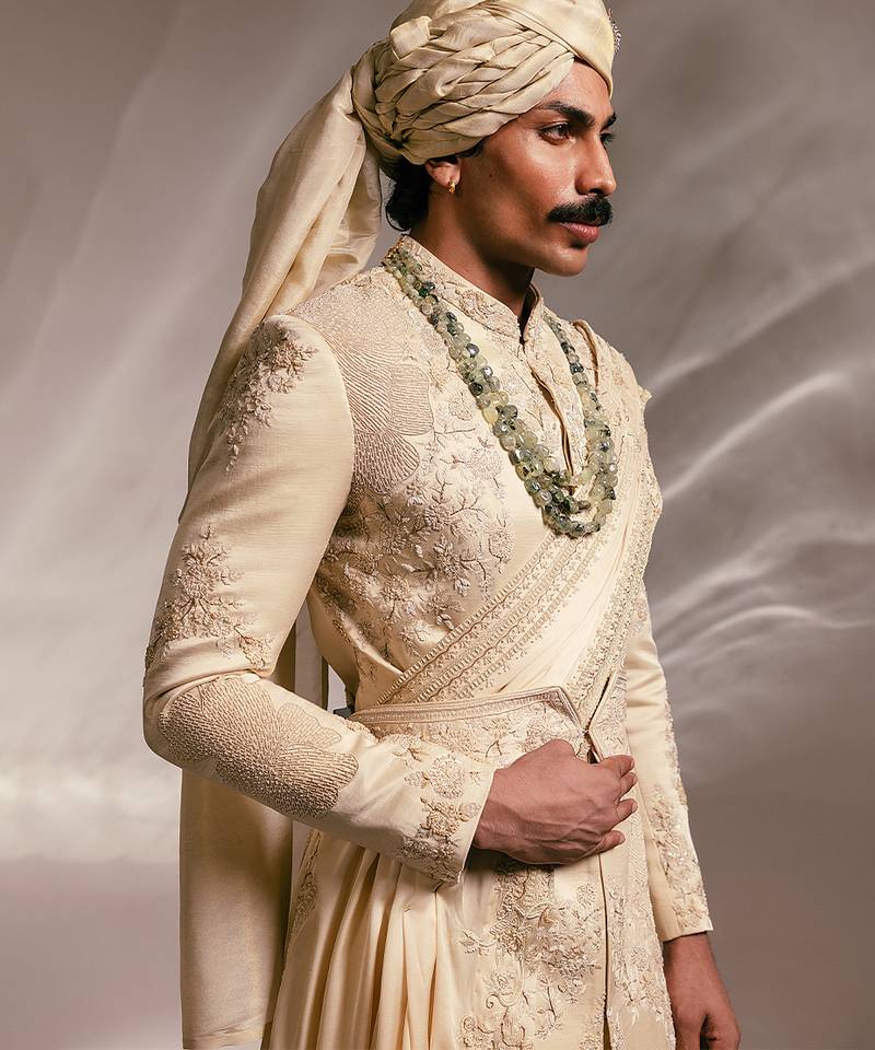 Beige embroidered linen satin sherwani set with stole