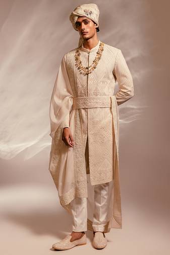 Light pink embroidered silk georgette sherwani set with stole