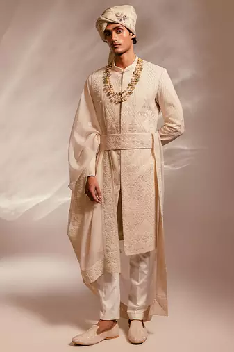 Light pink embroidered silk georgette sherwani set with stole