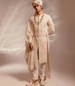 Light pink embroidered silk georgette sherwani set with stole