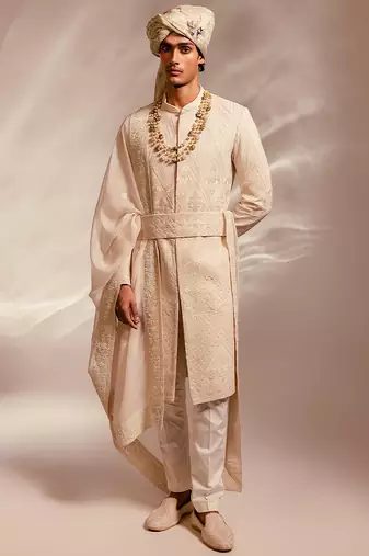 Light pink embroidered silk georgette sherwani set with stole