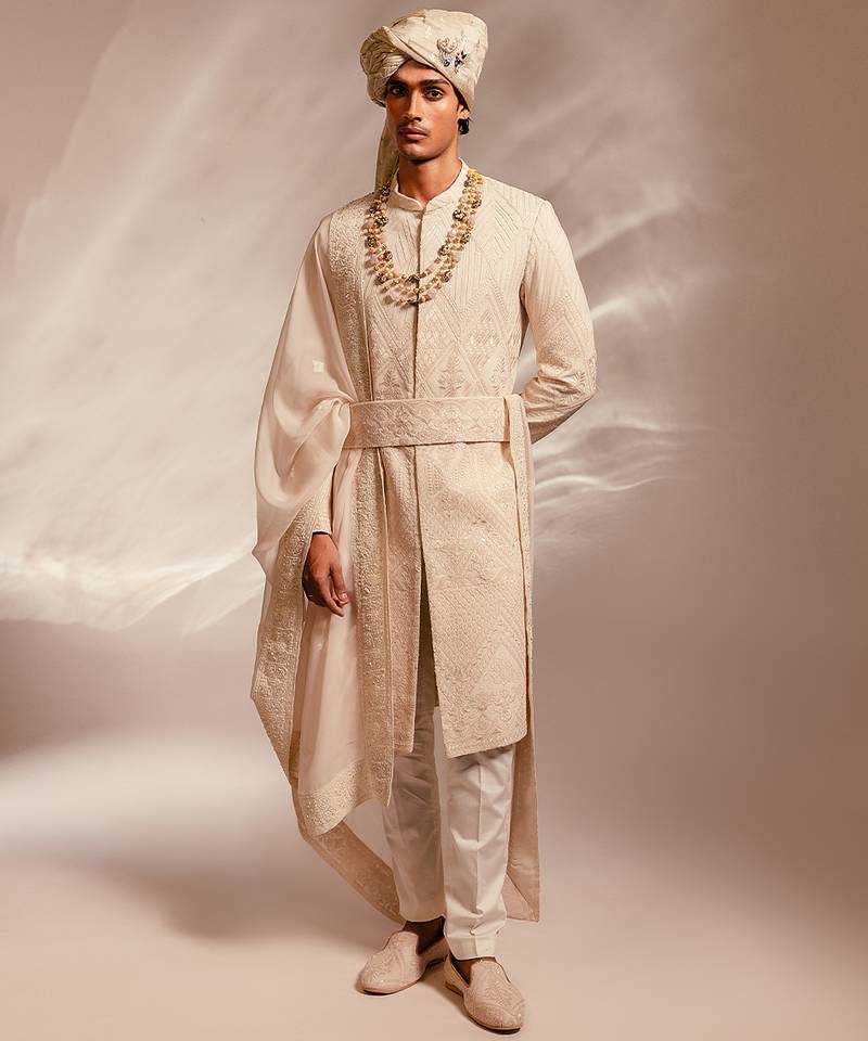 Light pink embroidered silk georgette sherwani set with stole