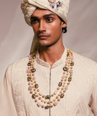 Light pink embroidered silk georgette sherwani set with stole 3