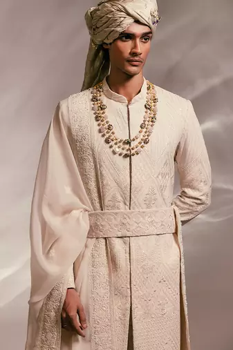 Light pink embroidered silk georgette sherwani set with stole