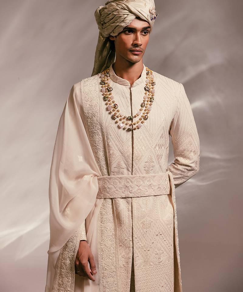 Light pink embroidered silk georgette sherwani set with stole
