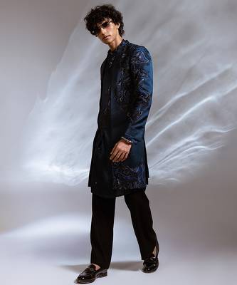 Teal blue embroidered linen satin achkan kurta set 1