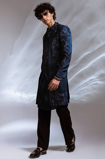 Teal blue embroidered linen satin achkan kurta set