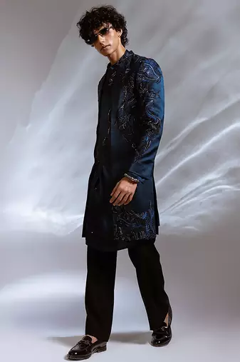 Teal blue embroidered linen satin achkan kurta set
