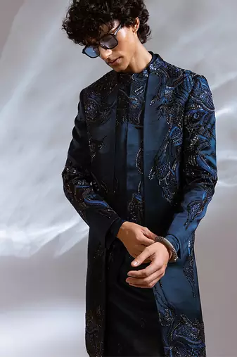Teal blue embroidered linen satin achkan kurta set
