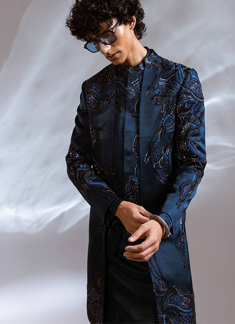 Teal blue embroidered linen satin achkan kurta set