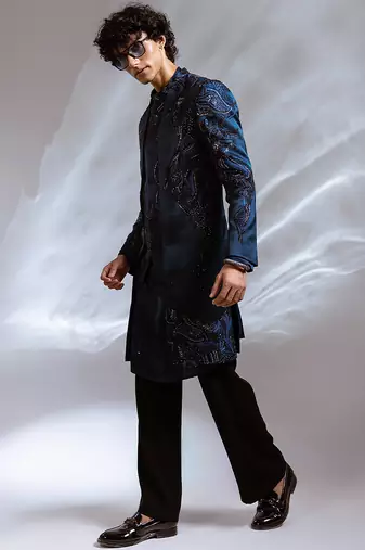 Teal blue embroidered linen satin achkan kurta set