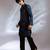 Teal blue embroidered linen satin achkan kurta set