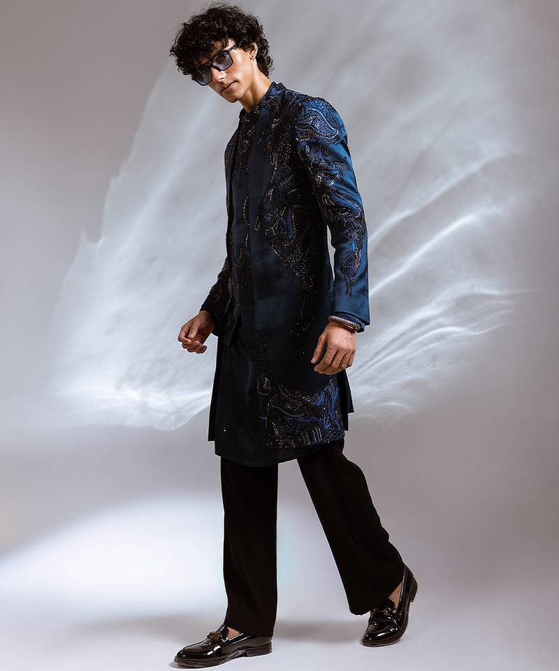 Teal blue embroidered linen satin achkan kurta set