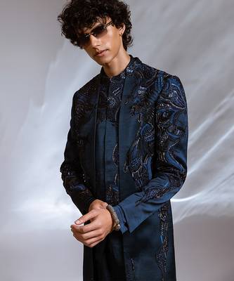 Teal blue embroidered linen satin achkan kurta set 4