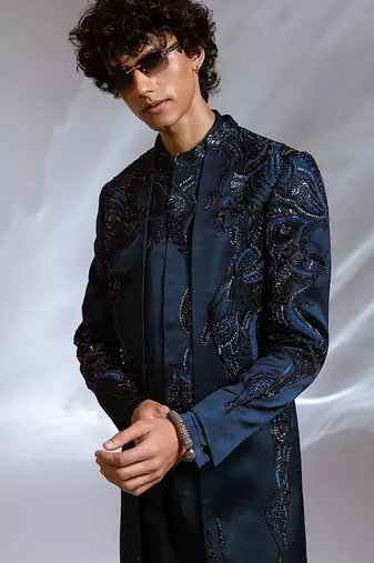 Teal blue embroidered linen satin achkan kurta set