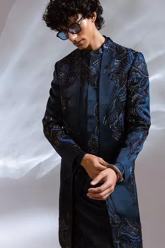 Teal blue embroidered linen satin achkan kurta set