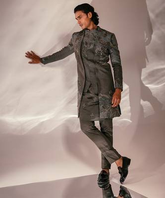 Charcoal grey embroidered linen satin achkan kurta set 1