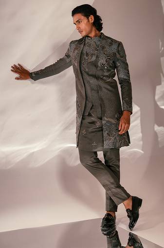 Charcoal grey embroidered linen satin achkan kurta set