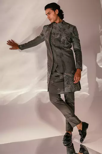 Charcoal grey embroidered linen satin achkan kurta set