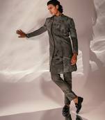 Charcoal grey embroidered linen satin achkan kurta set