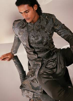 Charcoal grey embroidered linen satin achkan kurta set 2