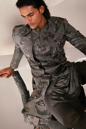 Charcoal grey embroidered linen satin achkan kurta set