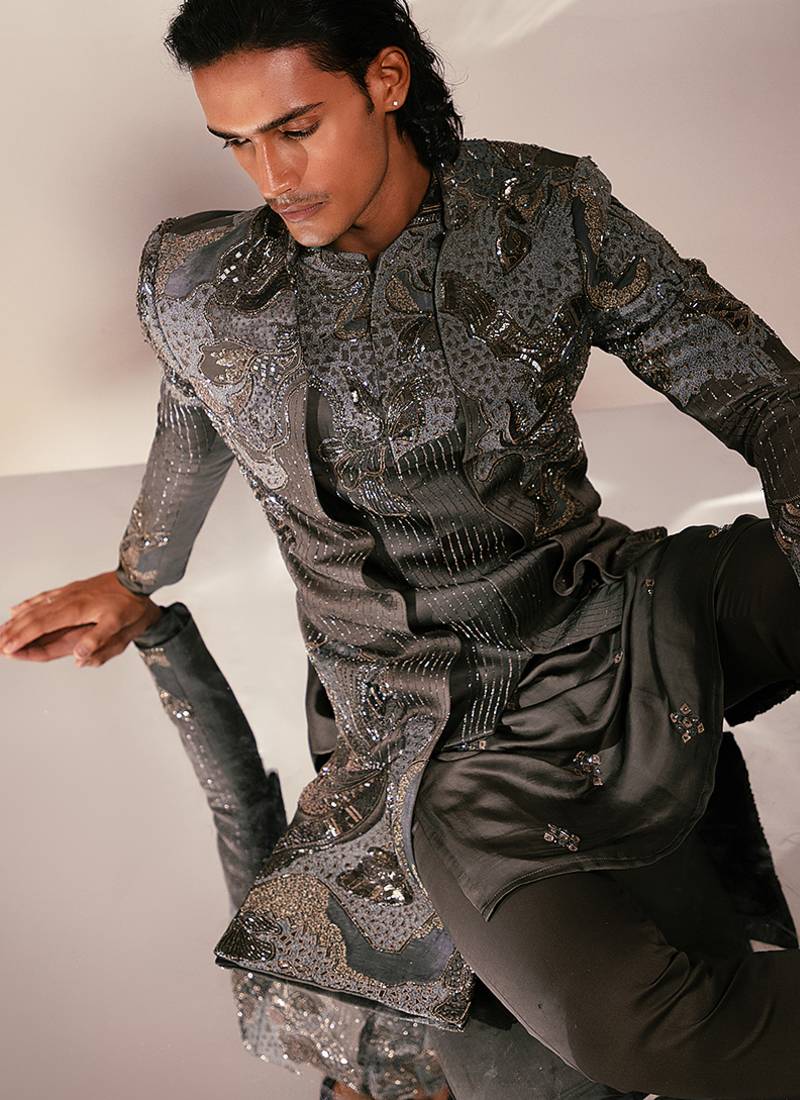Charcoal grey embroidered linen satin achkan kurta set