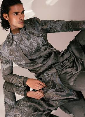 Charcoal grey embroidered linen satin achkan kurta set 3