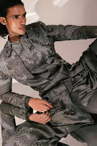 Charcoal grey embroidered linen satin achkan kurta set