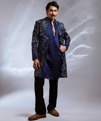 Prussian blue embroidered linen satin achkan kurta set 1