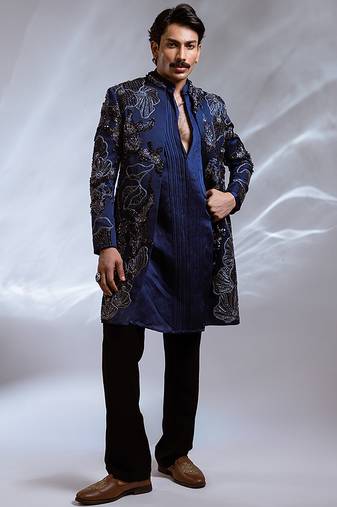 Prussian blue embroidered linen satin achkan kurta set
