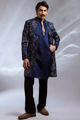 Prussian blue embroidered linen satin achkan kurta set