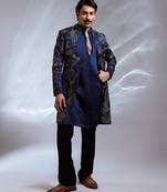 Prussian blue embroidered linen satin achkan kurta set