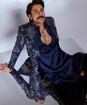 Prussian blue embroidered linen satin achkan kurta set 2