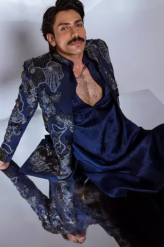 Prussian blue embroidered linen satin achkan kurta set