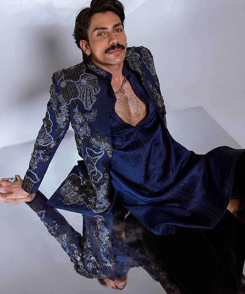 Prussian blue embroidered linen satin achkan kurta set